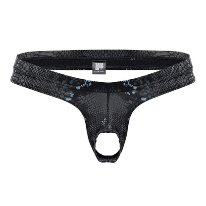 Black blue male power thong with snake skin pattern mesh texture and elastic waistband front view