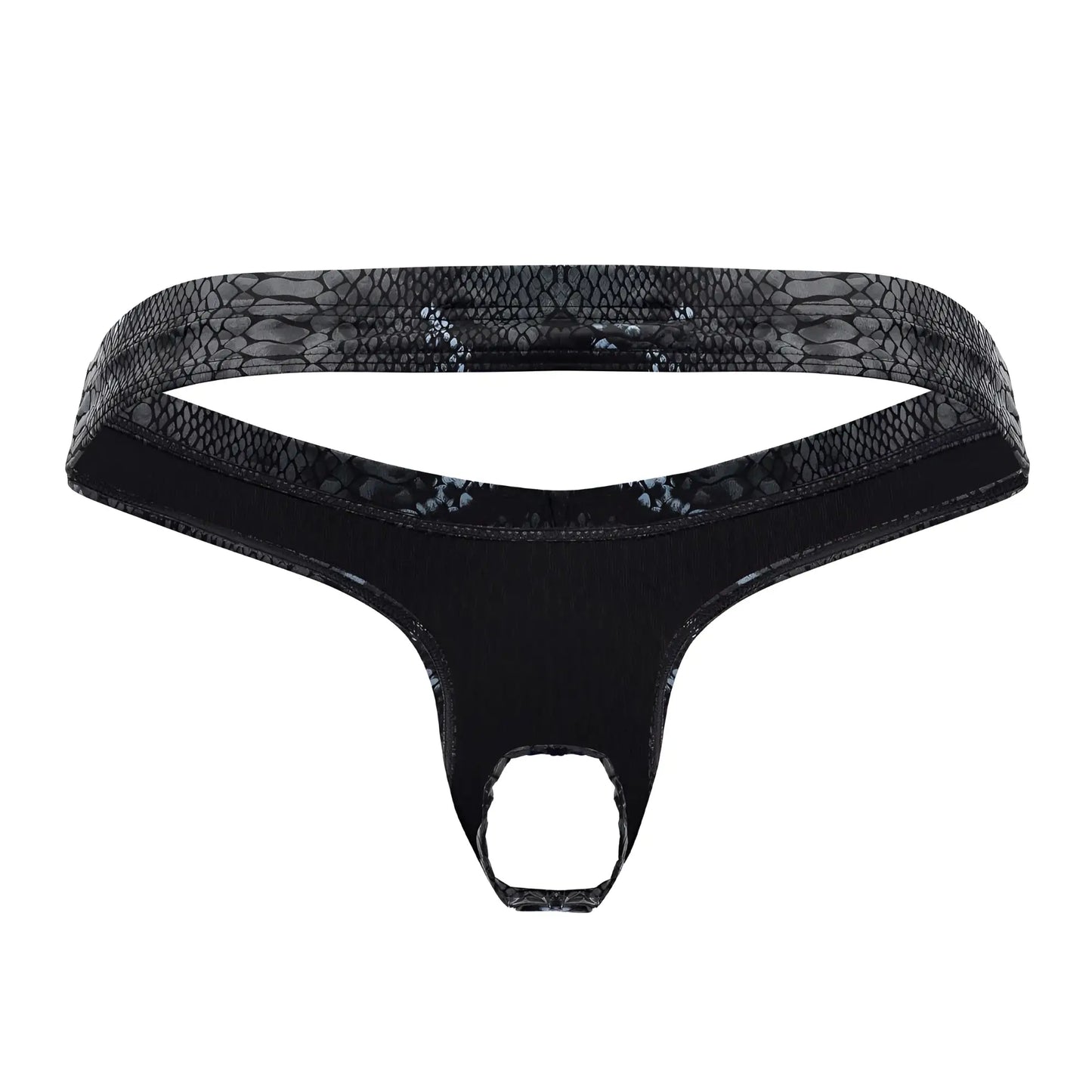 Black male power thong with snakeskin-patterned waistband and smooth stretchy fabric in black and blue colors