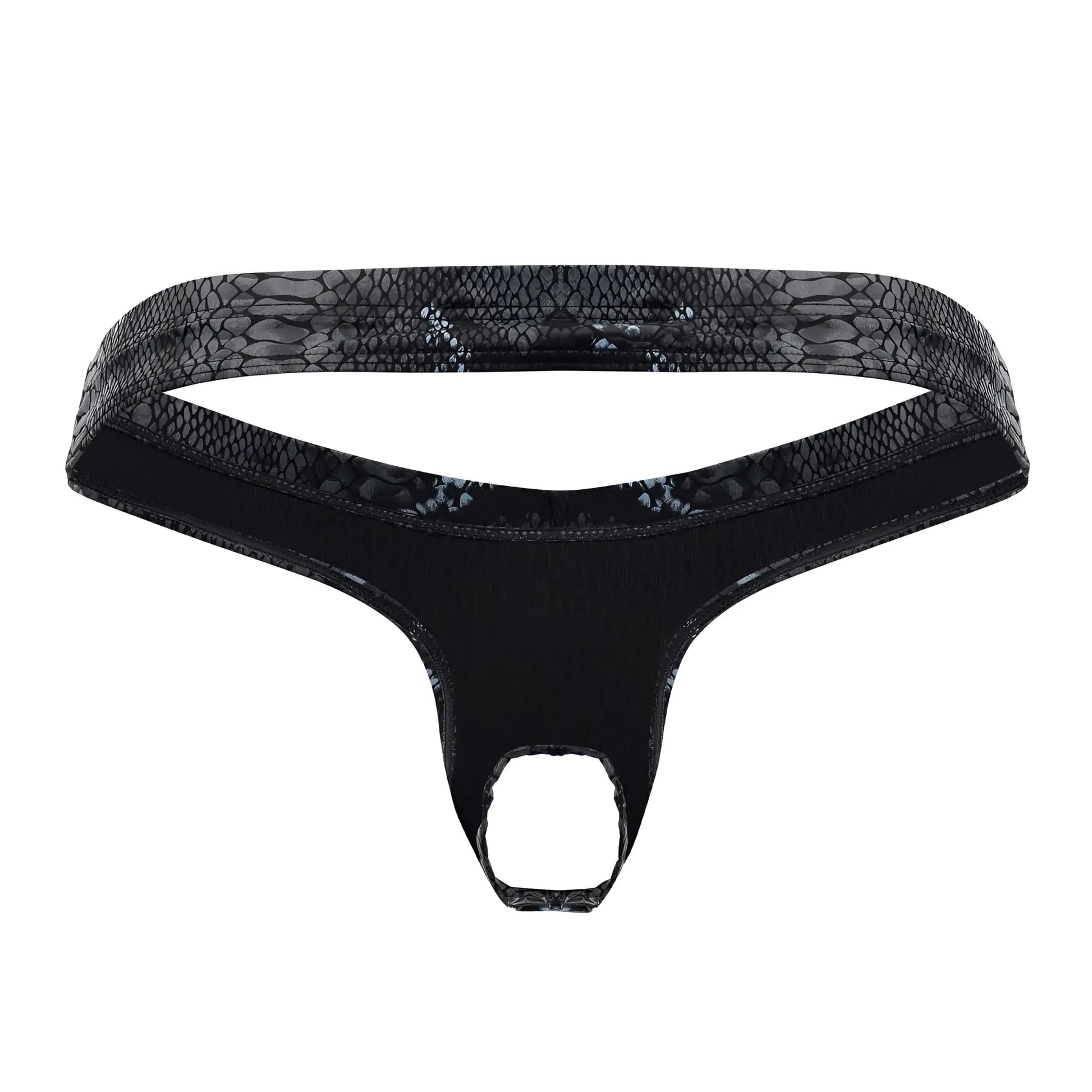Black male power thong with snakeskin-patterned waistband and smooth stretchy fabric in black and blue colors