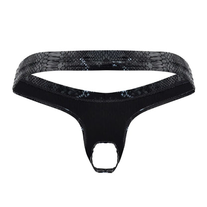 Black male power thong with snakeskin-patterned waistband and smooth stretchy fabric in black and blue colors