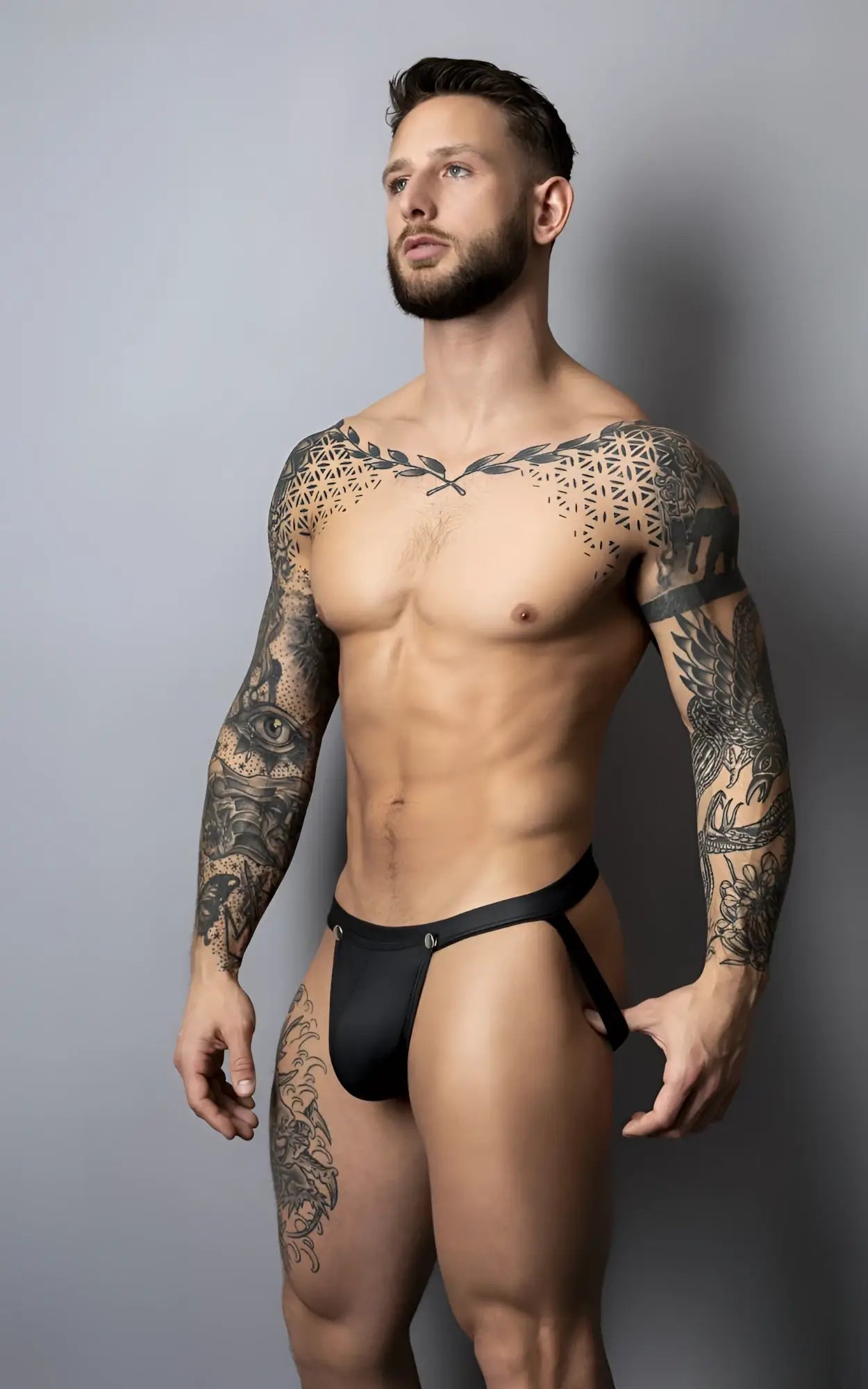 Black athletic briefs male power 346-298 oh snap snap off jock with sleek minimalist design and small metallic logo front