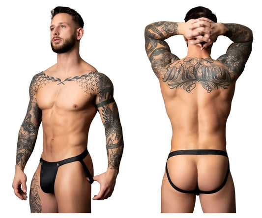 Black leather thong male power 346-298 oh snap snap off jock with adjustable side straps and central button closure