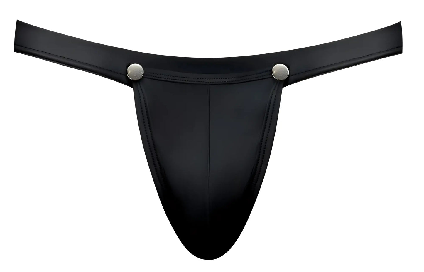 Black leather thong jock with silver snap buttons by male power in black color for easy snap off use