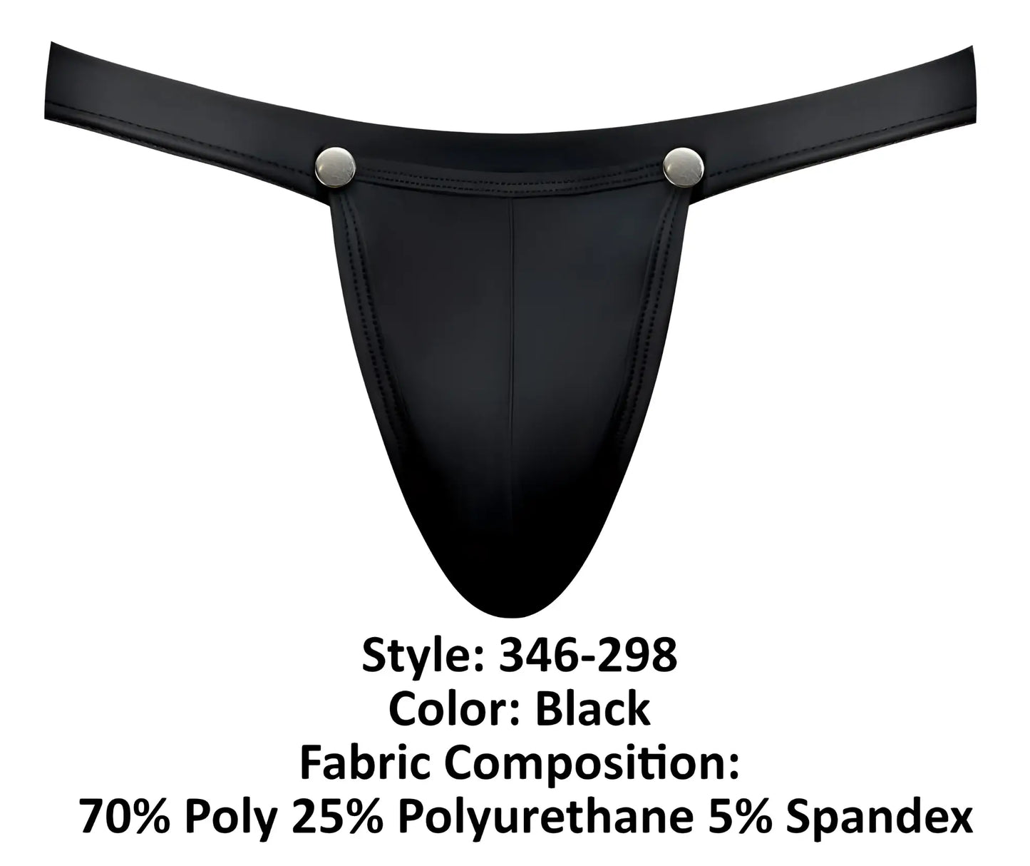 Male Power 346-298 Oh Snap Snap Off Jock in black features a smooth glossy thong with two silver-toned snap buttons at waistband