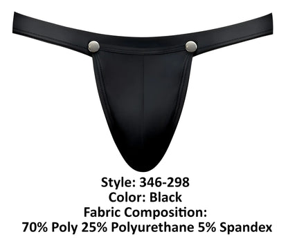 Male Power 346-298 Oh Snap Snap Off Jock in black features a smooth glossy thong with two silver-toned snap buttons at waistband