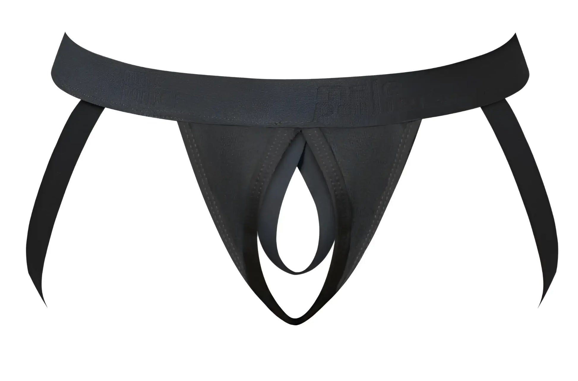 Black sleek minimalist thong with wide elastic waistband and subtle embossed branding from male power 348-304 jock