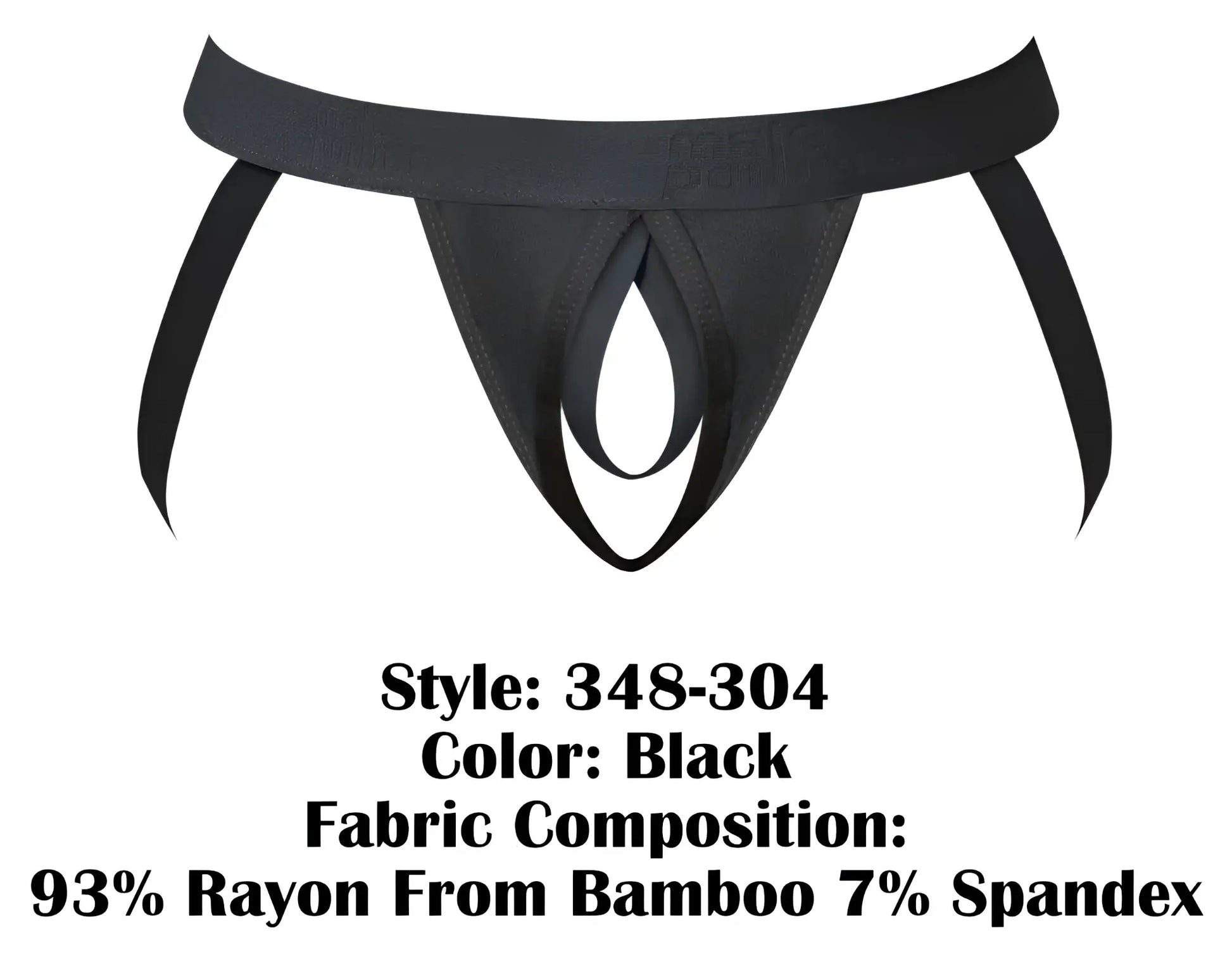 Black male power 348-304 open ended jock with elastic cock ring side ties made of rayon bamboo and spandex