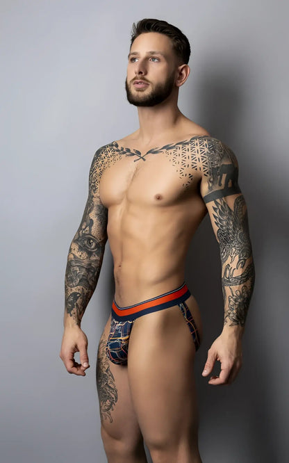Blue and orange patterned men’s briefs by male power featuring geometric designs for comfortable everyday wear