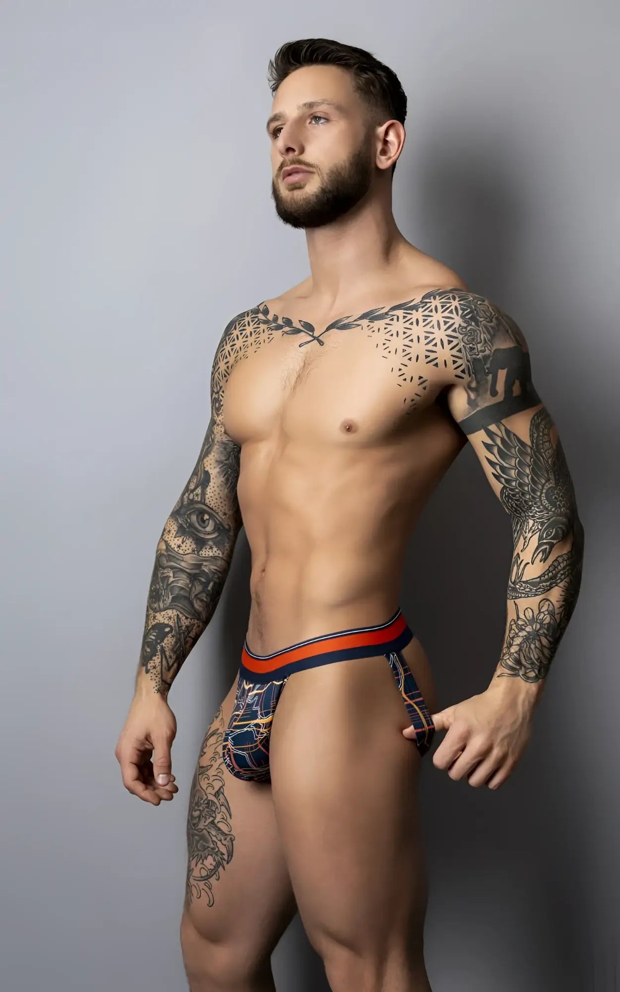 Male power 349-299 soo cumfy jock navy orange men’s briefs with blue and orange geometric pattern