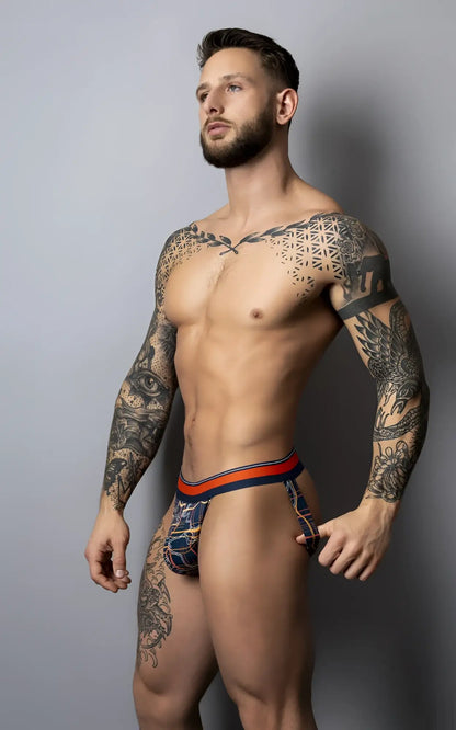 Male power 349-299 soo cumfy jock navy orange men’s briefs with blue and orange geometric pattern