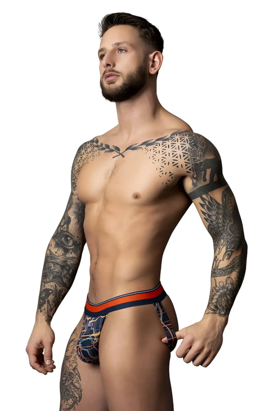 Male power blue and red patterned men’s briefs with geometric design navy-orange color for comfortable wear