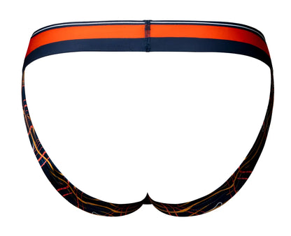 Male power 349-299 soo cumfy jock in navy and orange with striped waistband and abstract orange yellow pattern on black fabric