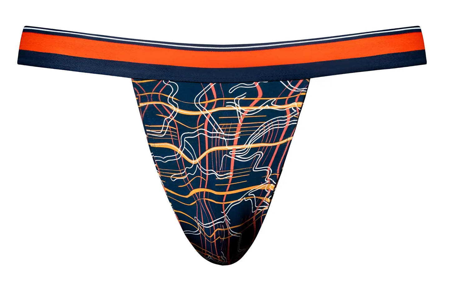 Male power 349-299 soo cumfy navy blue thong with vibrant orange waistband and abstract yellow white coral lines