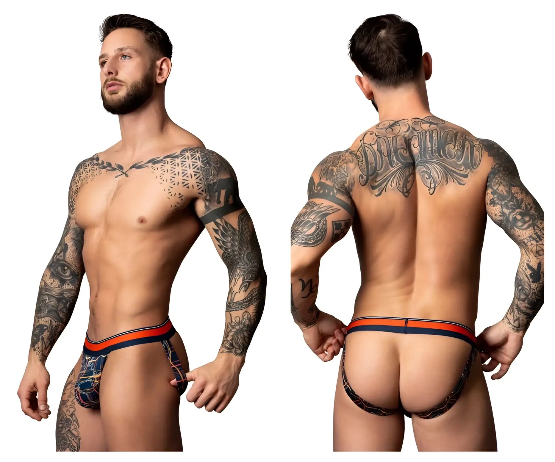 Male power 349-299 soo cumfy jock briefs in black and orange with geometric pattern for comfortable wear