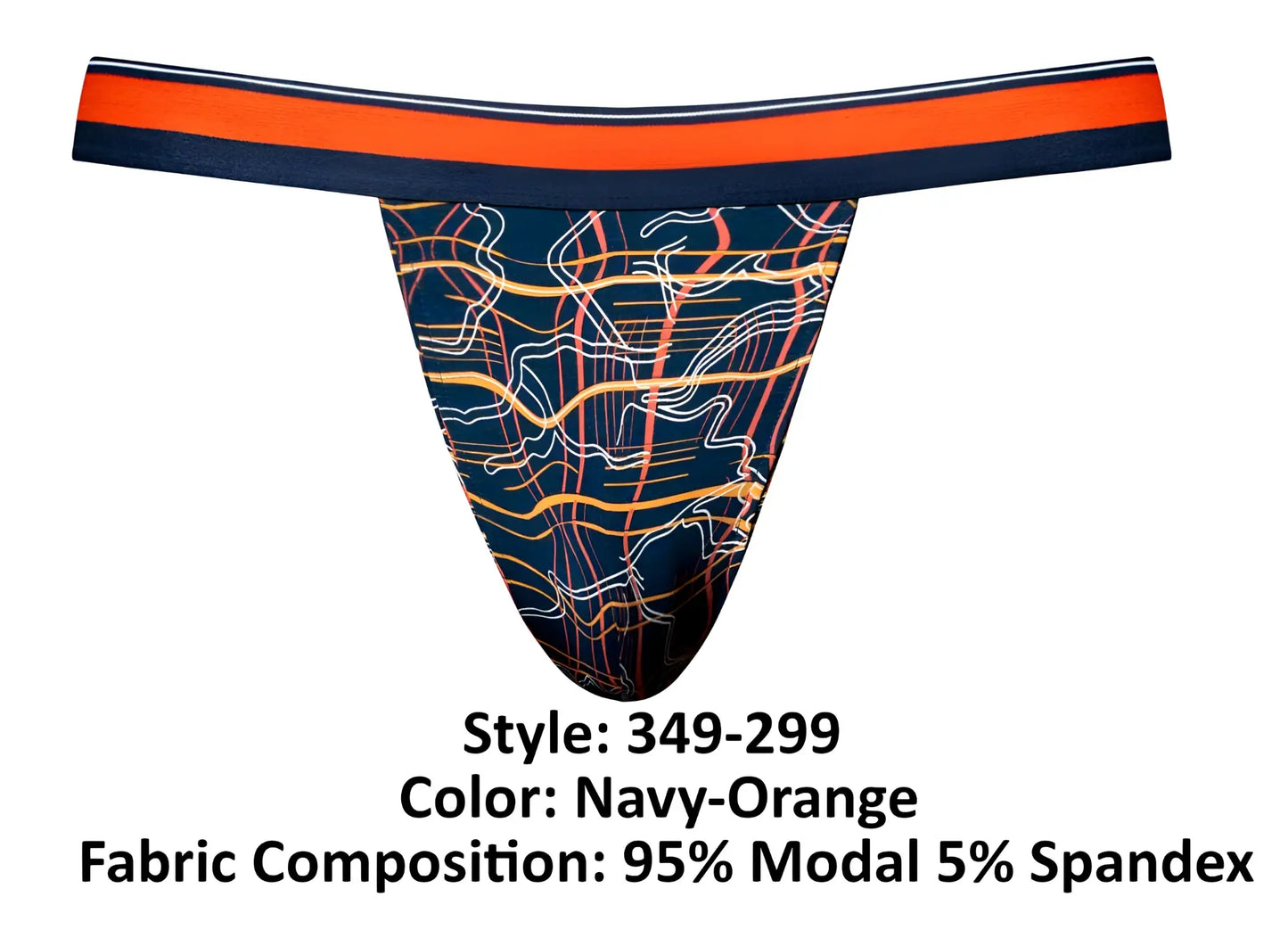 Male power 349-299 soo cumfy jock navy orange thong with bold abstract orange white and yellow line pattern on front