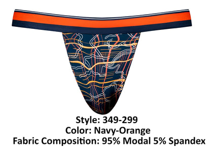 Male power 349-299 soo cumfy jock navy orange thong with bold abstract orange white and yellow line pattern on front