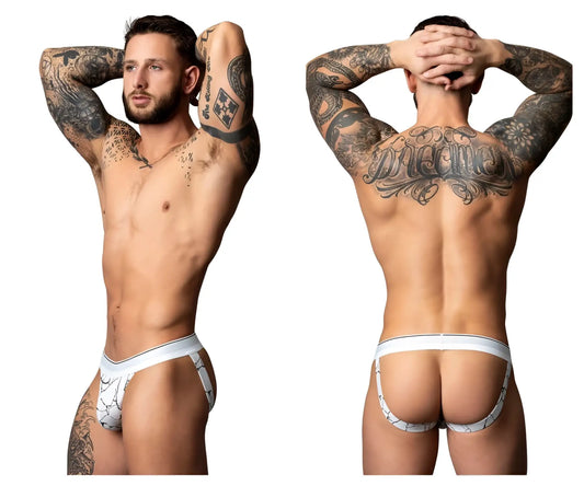 Male power 349-299 soo cumfy jock white black brief with white marble pattern and sleek modern design