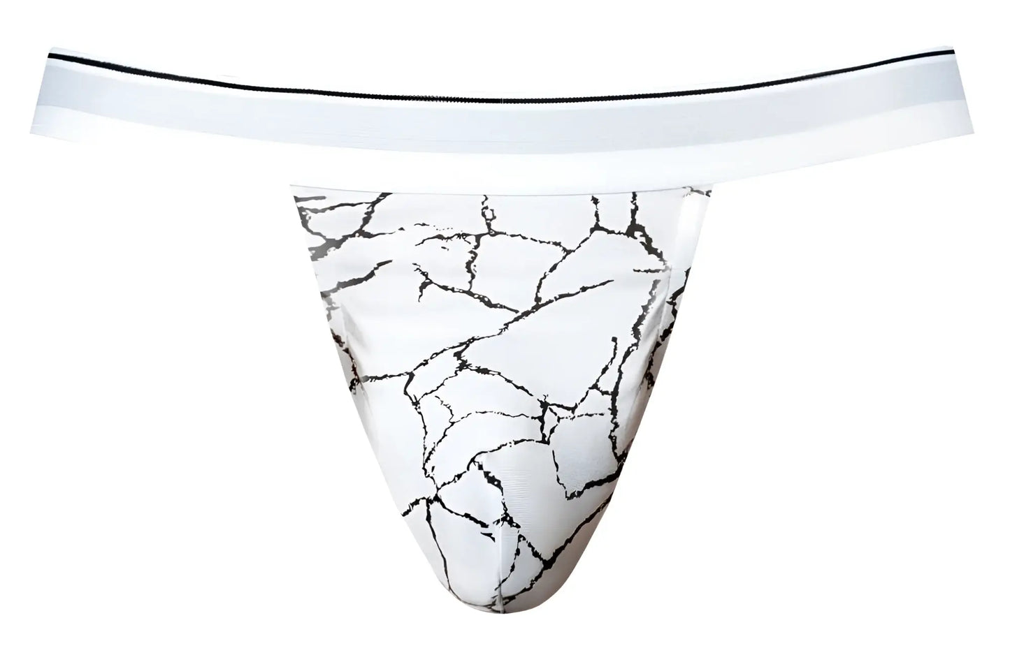 Male power 349-299 soo cumfy jock white thong with black marble crack pattern and thin white waistband front view