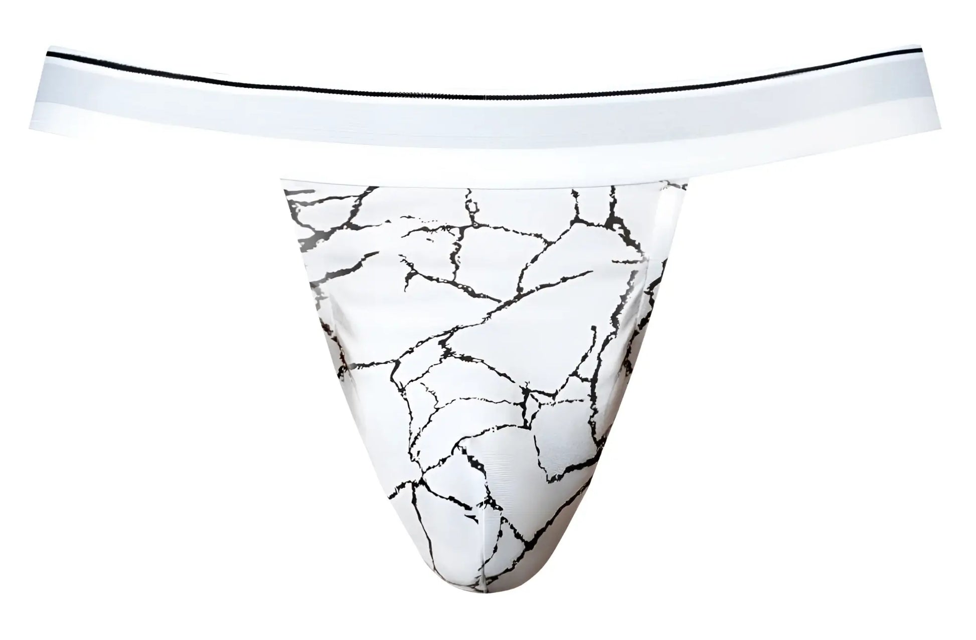 Male power 349-299 soo cumfy jock white thong with black marble crack pattern and thin white waistband front view
