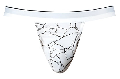 Male power 349-299 soo cumfy jock white thong with black marble crack pattern and thin white waistband front view