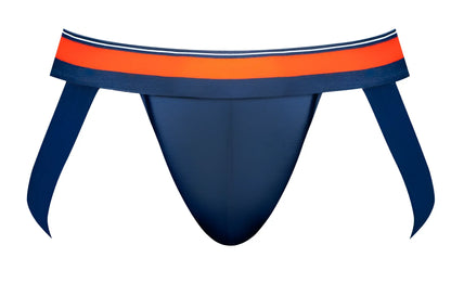 Male power 349-299 soo cumfy navy athletic briefs with bold orange and white striped waistband for support and comfort