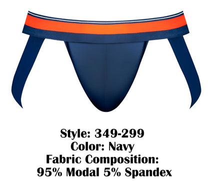 Male power 349-299 soo cumfy jockstrap navy blue athletic briefs with bold orange and white striped waistband
