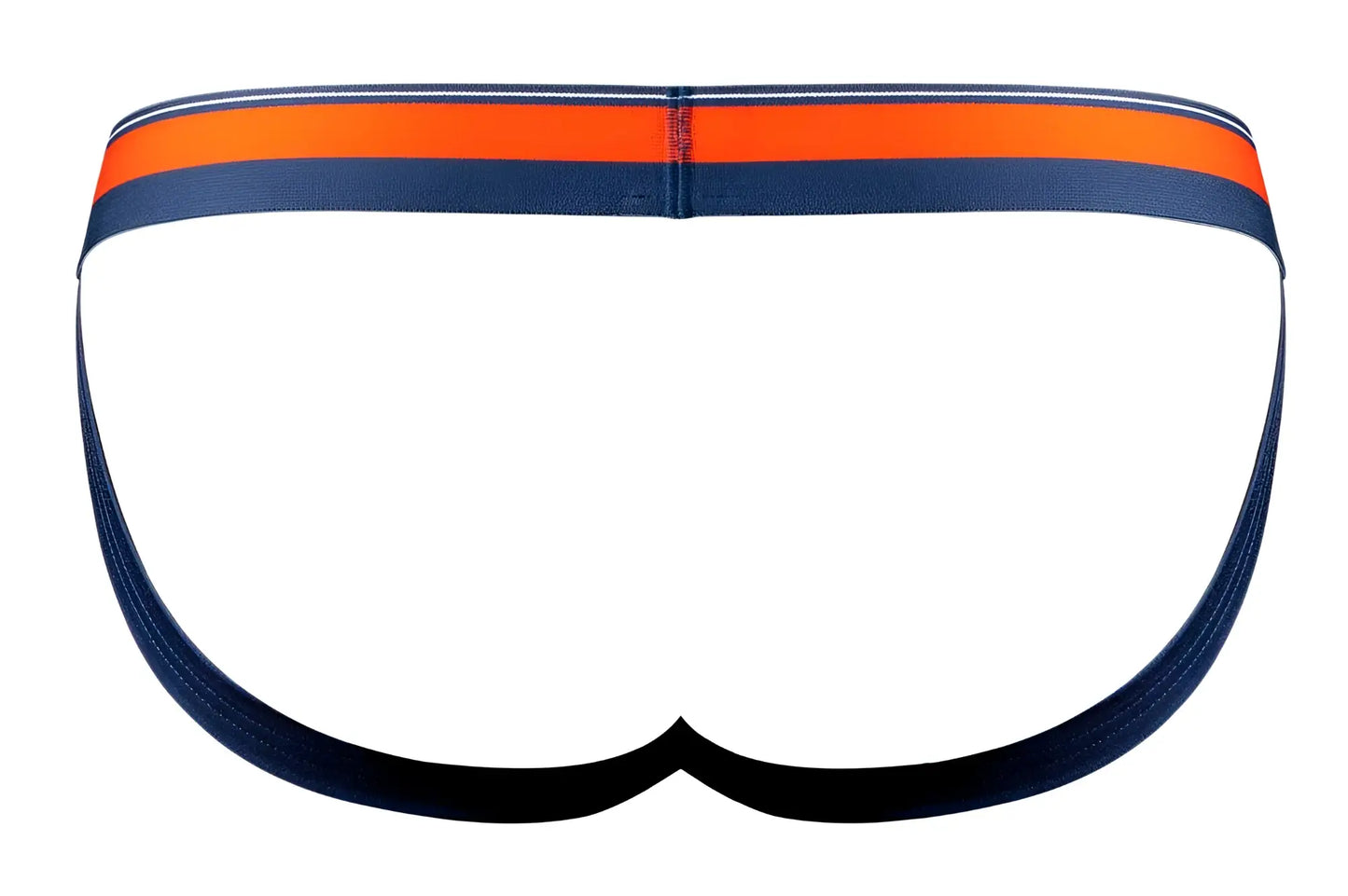 Male power 349-299 soo cumfy jockstrap in navy blue with a bold orange and white striped waistband