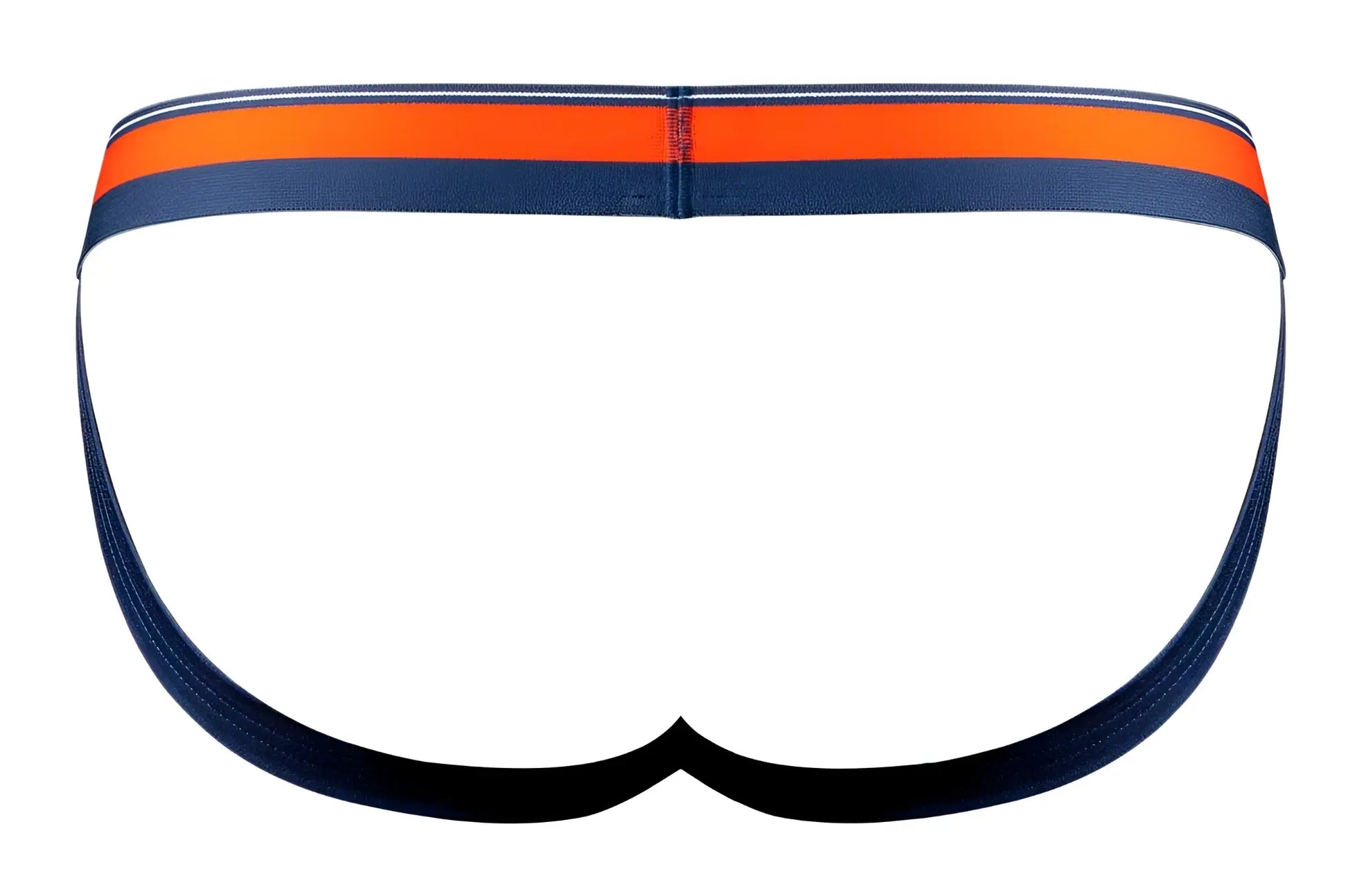 Male power 349-299 soo cumfy jockstrap in navy blue with a bold orange and white striped waistband
