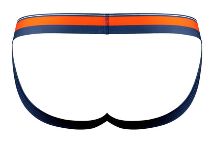 Male power 349-299 soo cumfy jockstrap in navy blue with a bold orange and white striped waistband