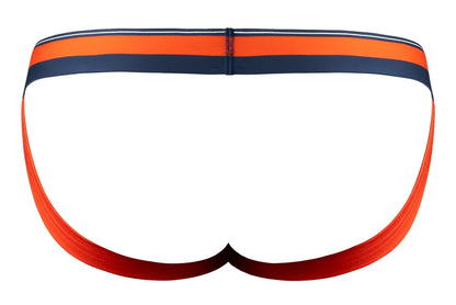 Male power 349-299 soo cumfy jockstrap in orange striped orange and navy blue athletic briefs with red gradient trim