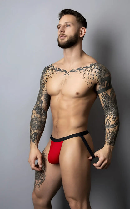 Male power 349-300 hot mesh jock in black and red with bold modern design and breathable athletic mesh material