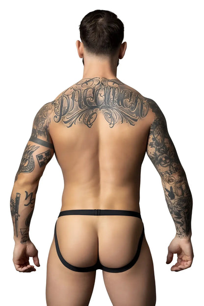 Black sleek form-fitting male power 349-300 hot mesh jock thong underwear with red accents shown from the back side