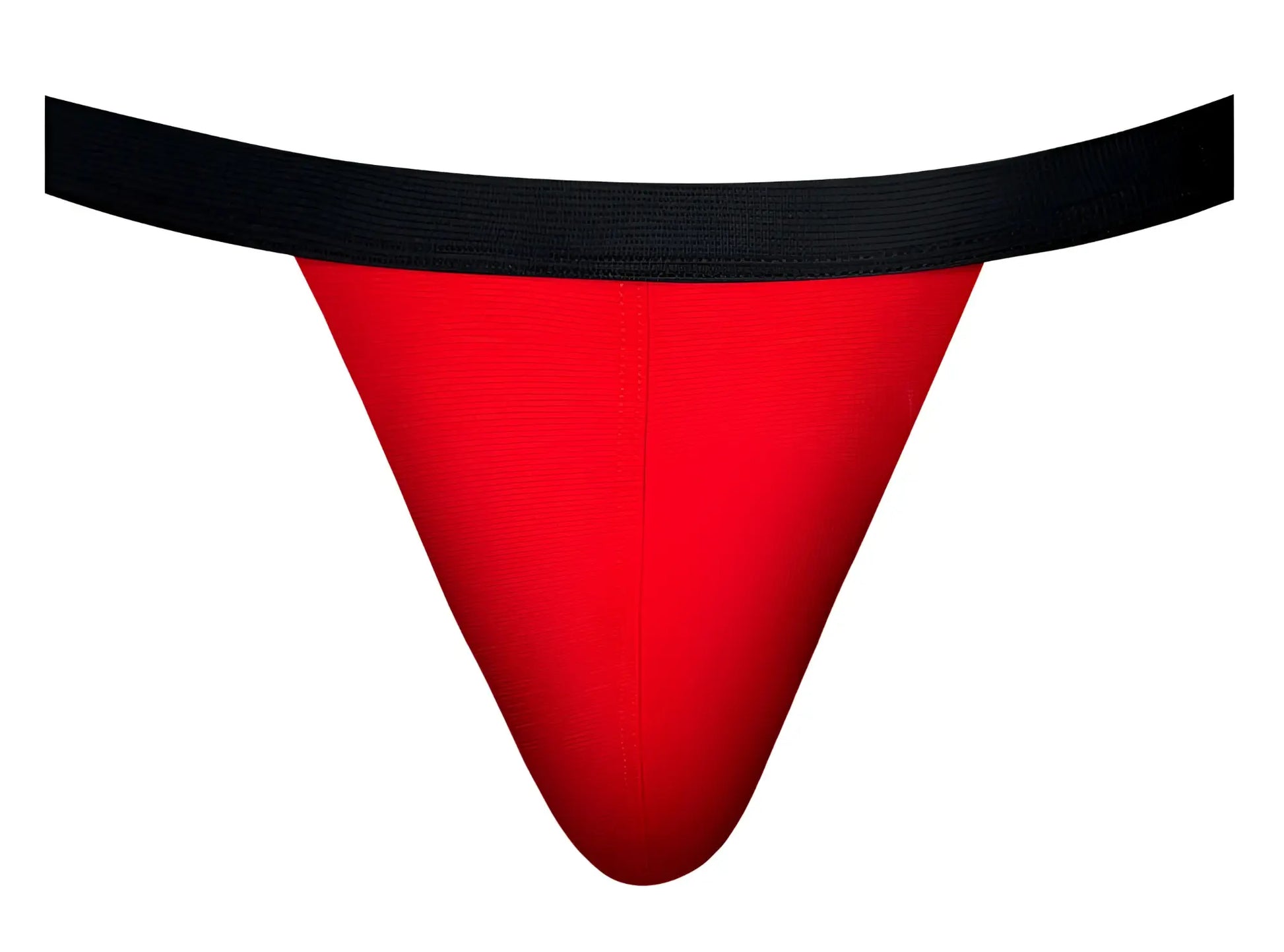 Male power 349-300 hot mesh jock in red thong with black elastic waistband showing front side design