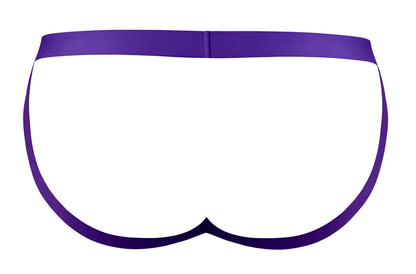 Purple satin briefs by male power with a smooth sleek design in eggplant color for comfortable daily wear