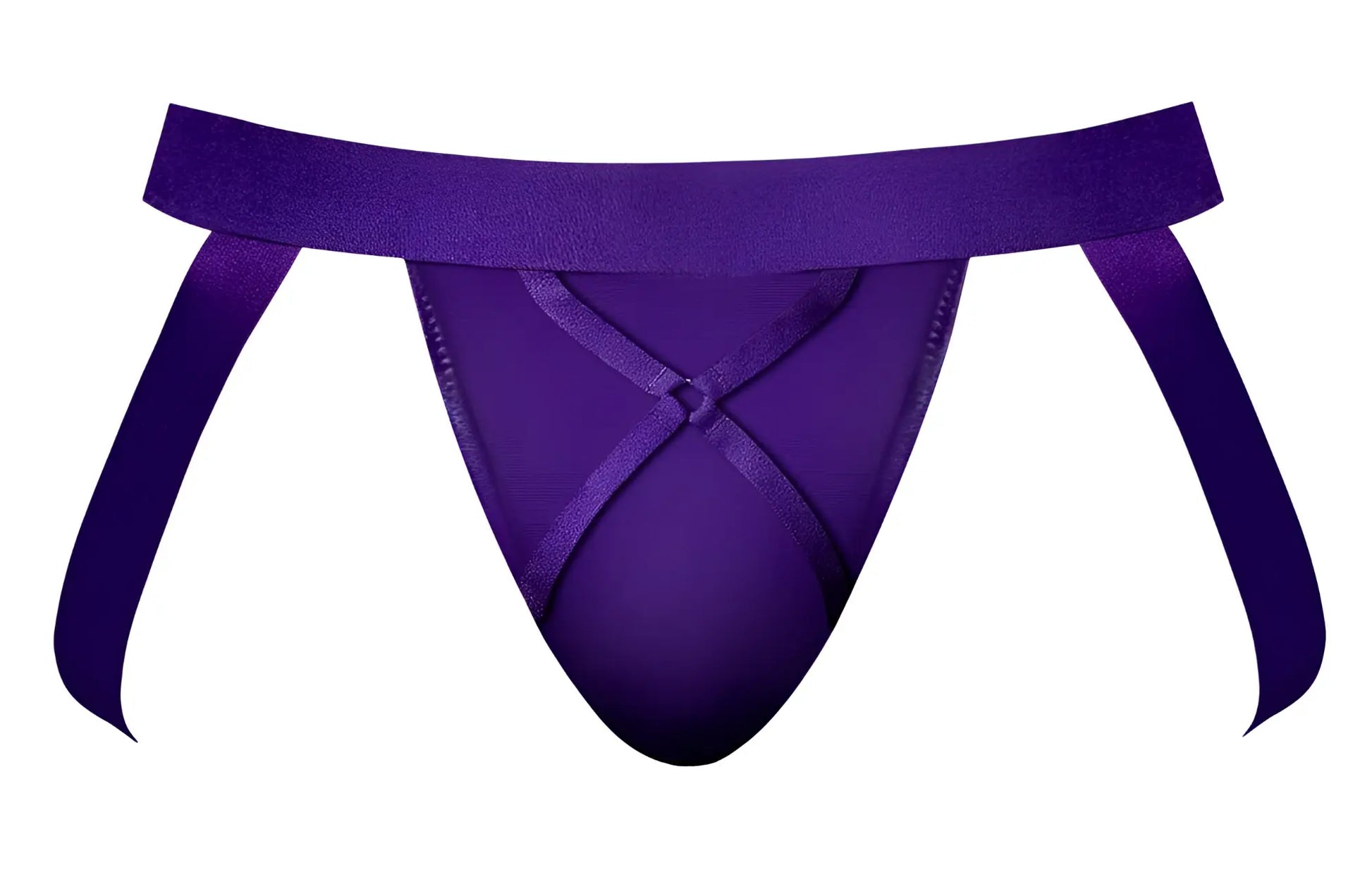 Purple satin thong male power 350-302 with wide waistband and crossed ribbon ties in eggplant color