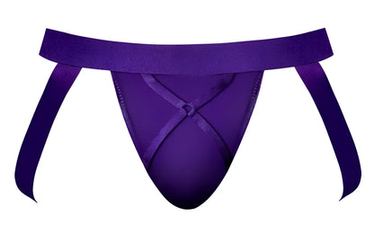 Purple satin thong male power 350-302 with wide waistband and crossed ribbon ties in eggplant color