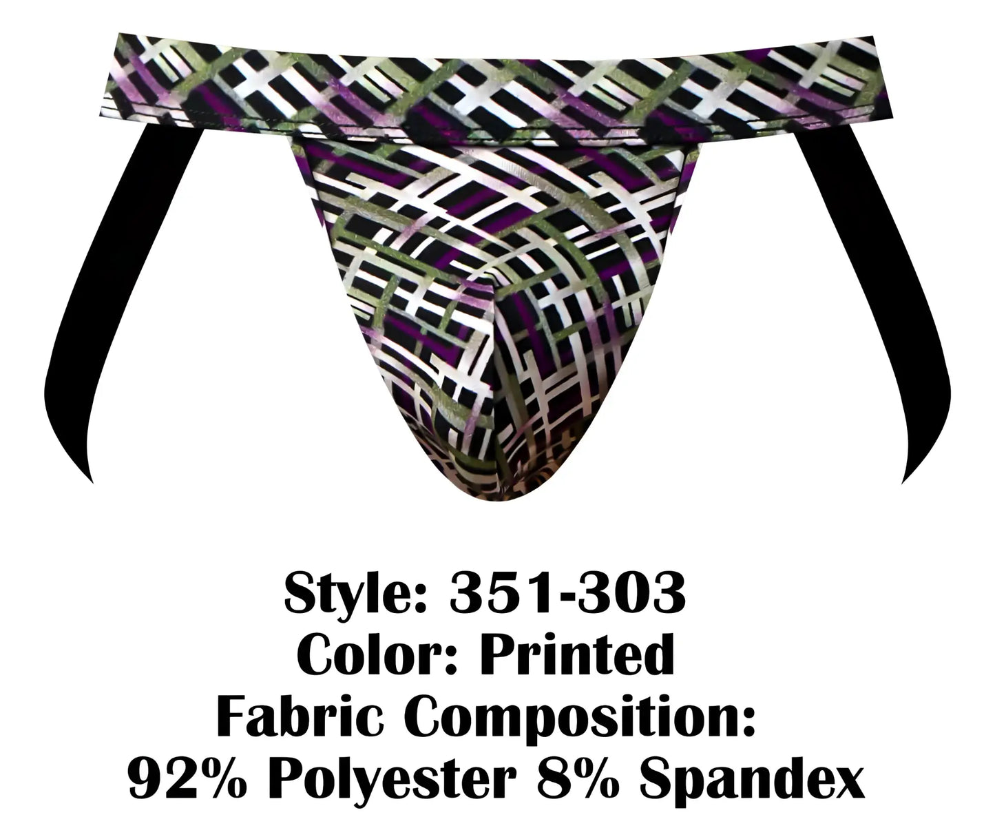 Male power 351-303 gridlocked strappy ring jock brief with bold black white and purple geometric print