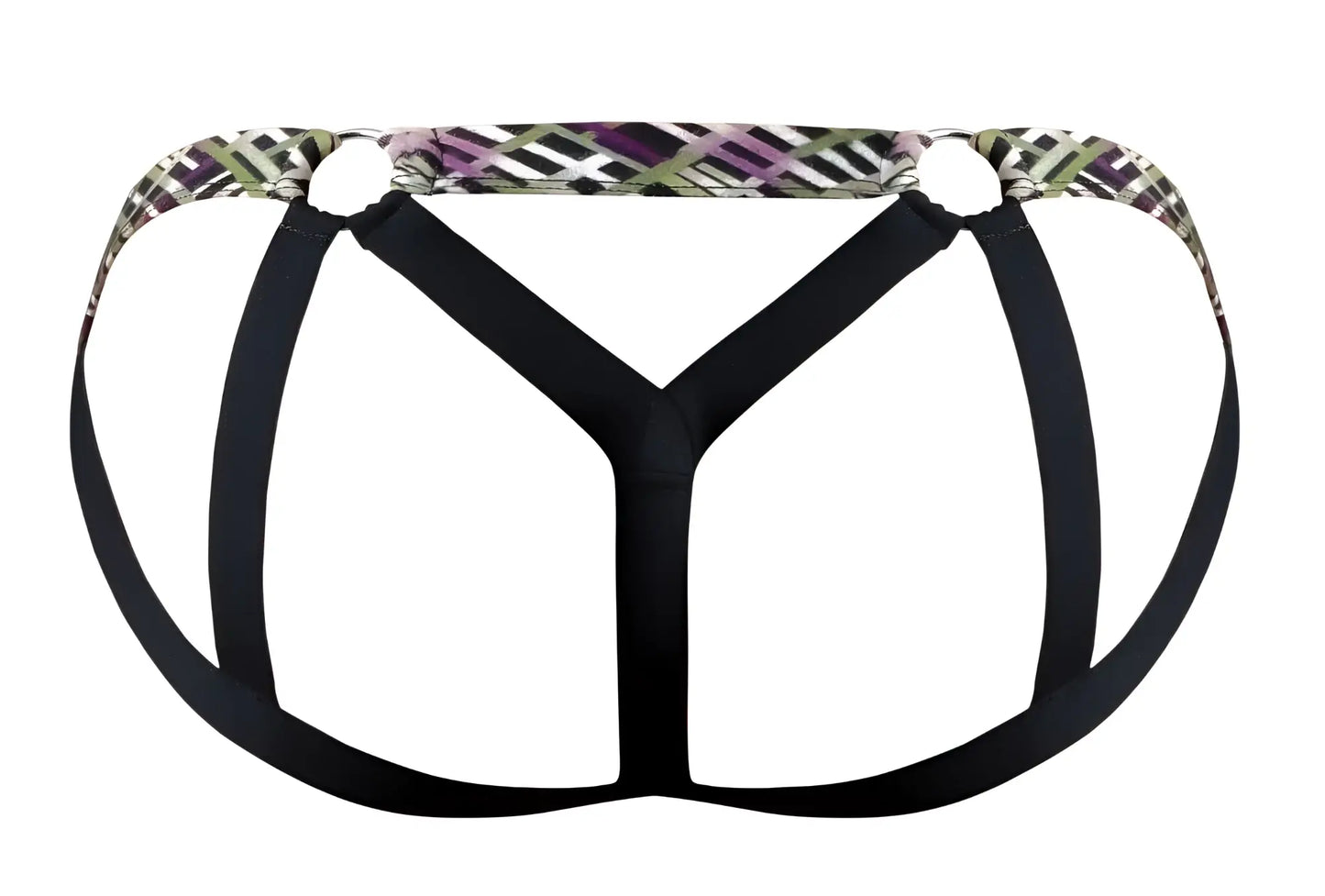 Male power 351-303 gridlocked strappy ring jock briefs in black fabric with a purple green and white geometric patterned waistband