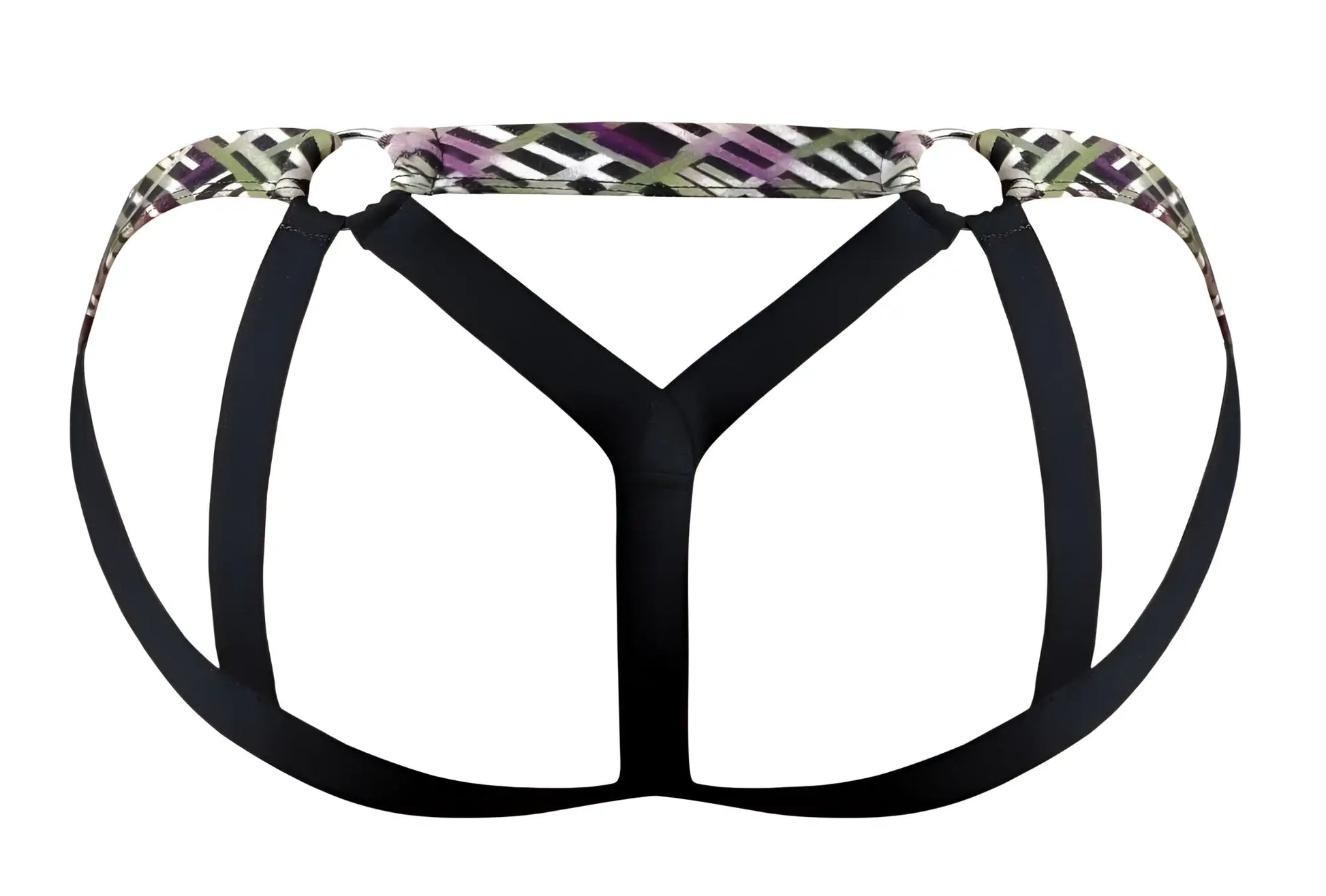 Male power 351-303 gridlocked strappy ring jock briefs in black fabric with a purple green and white geometric patterned waistband