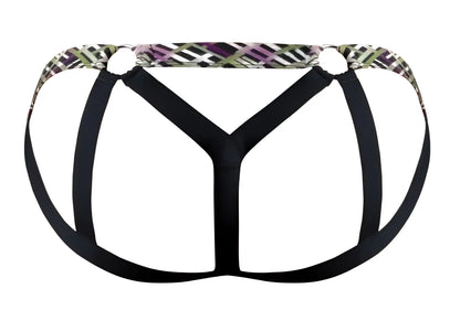 Male power 351-303 gridlocked strappy ring jock briefs in black fabric with a purple green and white geometric patterned waistband