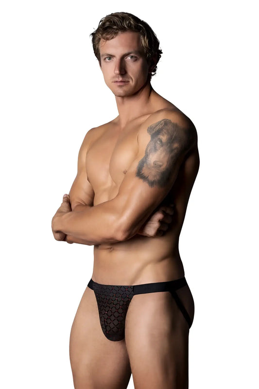 Male power 353-296 widow maker black lace athletic briefs with mesh pattern and solid black waistband