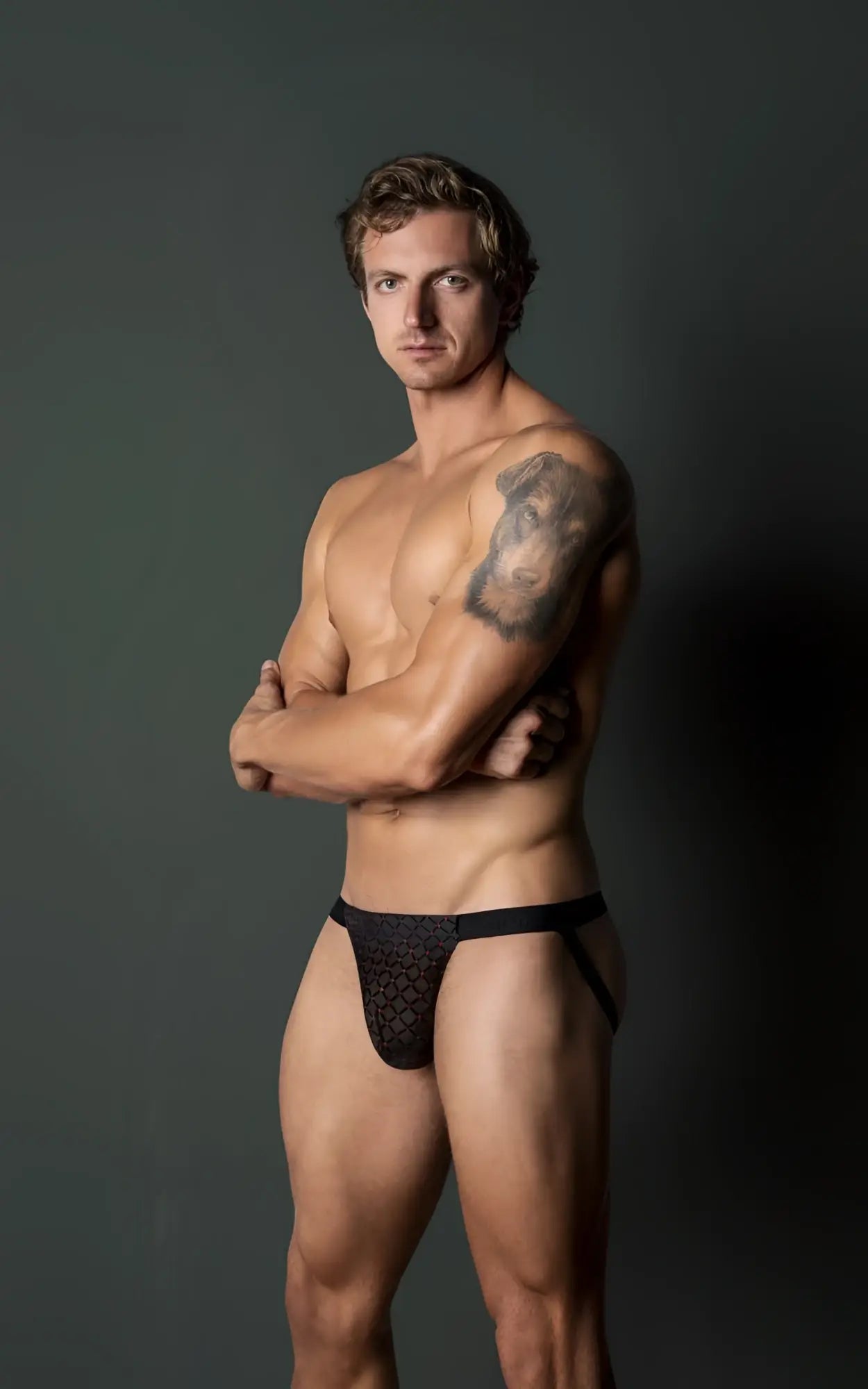 Black lace briefs with geometric pattern from male power widow maker classic jock color black showing front view