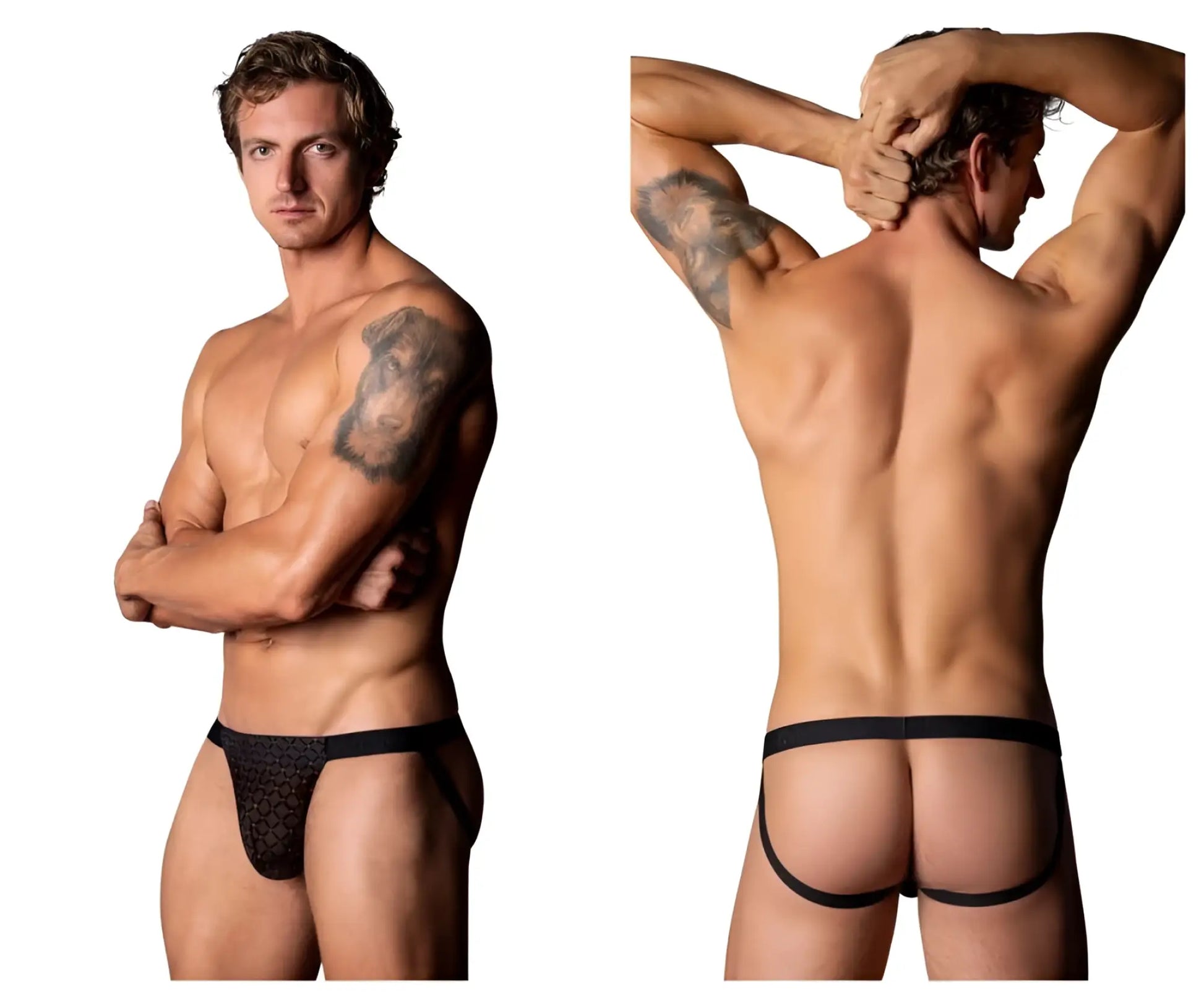 Black lace briefs with solid black waistband and leg openings from male power 353-296 widow maker classic jock