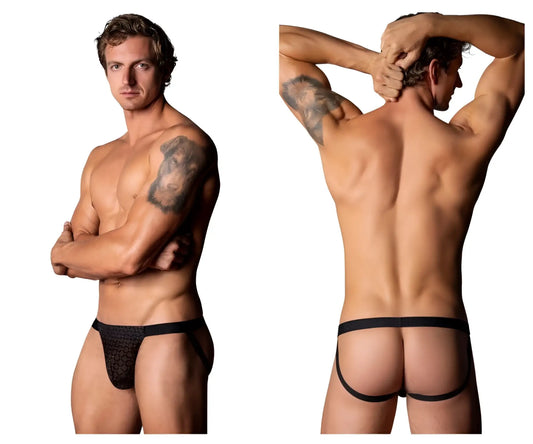 Black lace briefs with solid black waistband and leg openings from male power 353-296 widow maker classic jock
