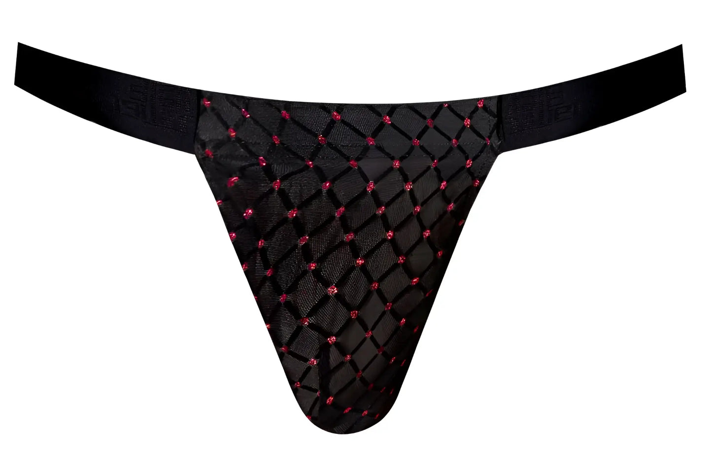 Male power 353-296 widow maker classic jock in black with diamond-patterned mesh and pink rhinestone accents