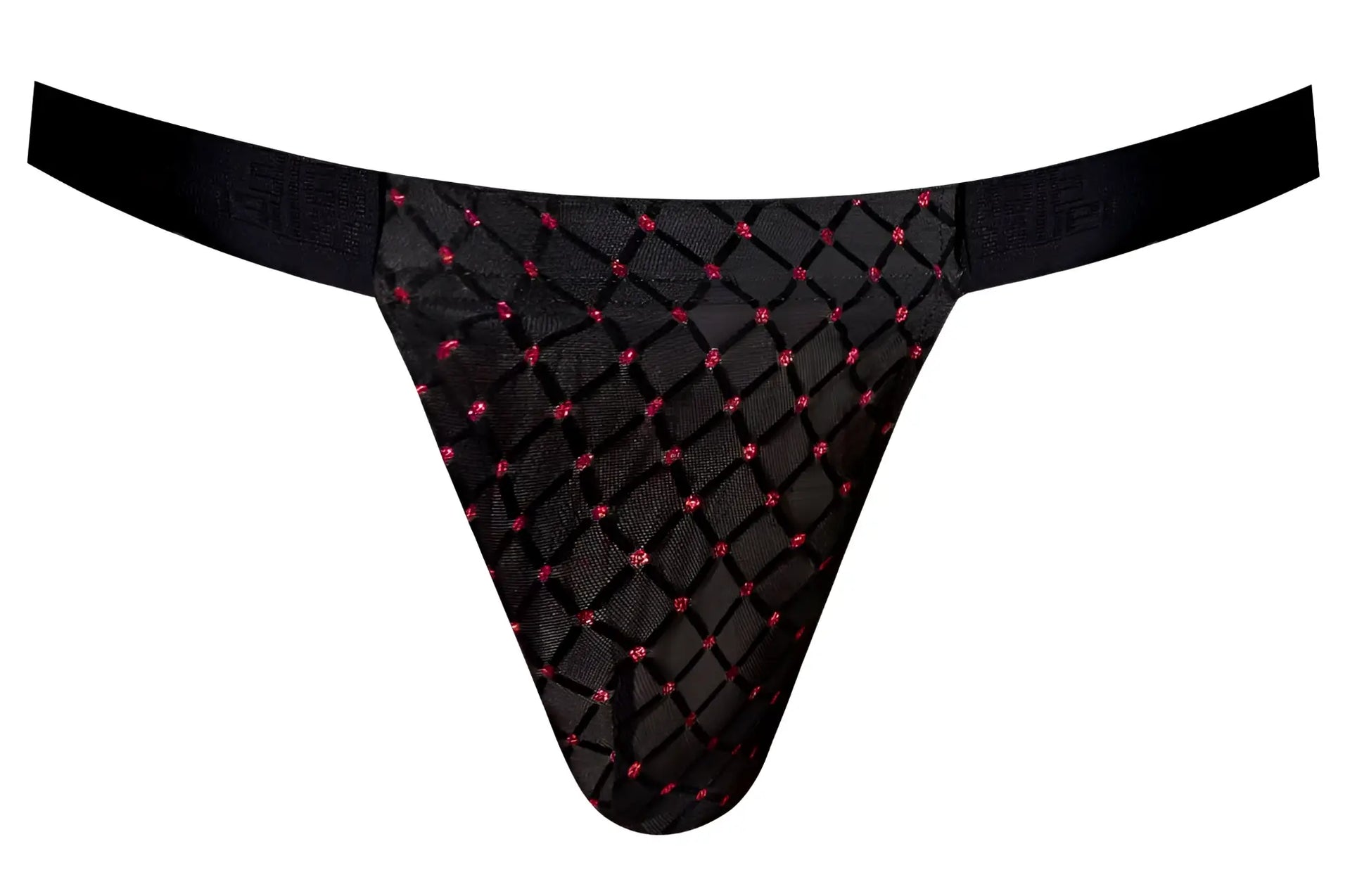 Male power 353-296 widow maker classic jock in black with diamond-patterned mesh and pink rhinestone accents
