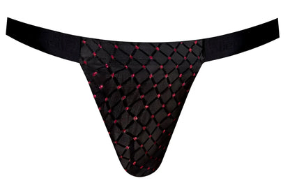 Male power 353-296 widow maker classic jock in black with diamond-patterned mesh and pink rhinestone accents