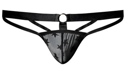 Black mesh thong male power 386-291 love star jock with ring featuring star pattern and central metal ring
