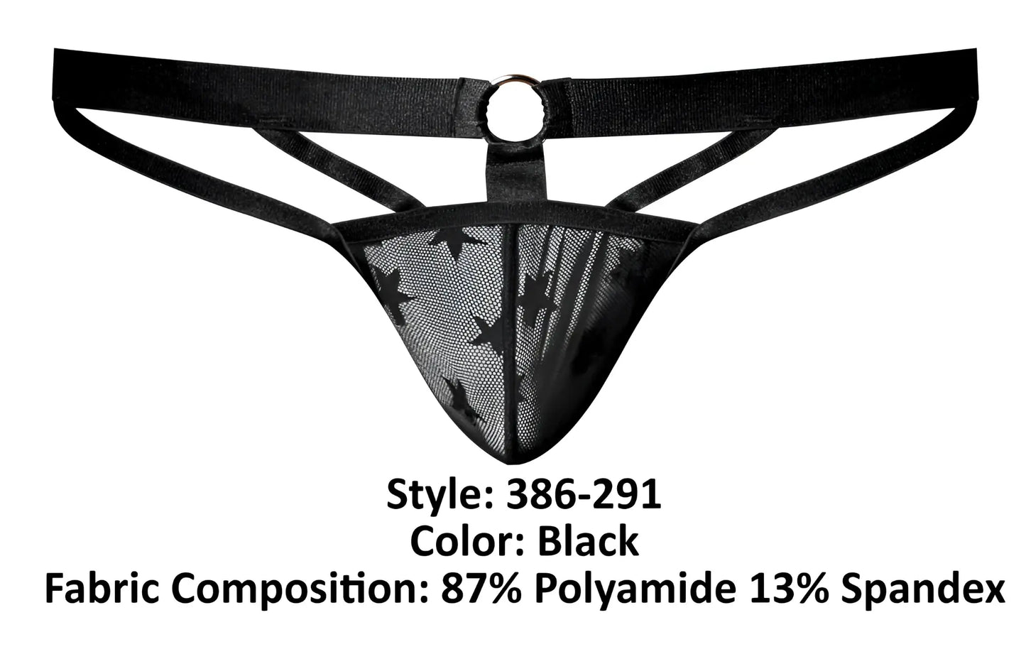 Male power 386-291 love star jock black star-patterned mesh thong with wide elastic waistband and central metal ring