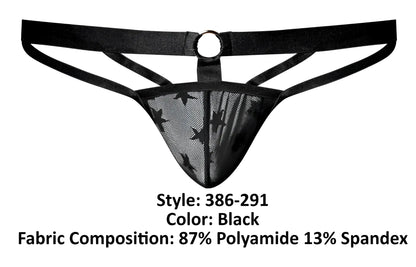 Male power 386-291 love star jock black star-patterned mesh thong with wide elastic waistband and central metal ring